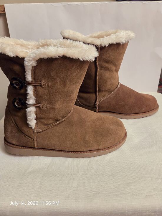 Unbranded Shoes - Brown Suede Faux Fur Lined Mid-Calf Button Boots Round Toe Rubber Sole 11